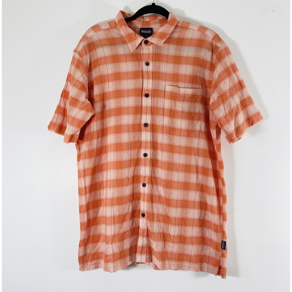 Patagonia Shirt Mens XL Orange Button Down Short Sleeve Organic Cotton Plaid